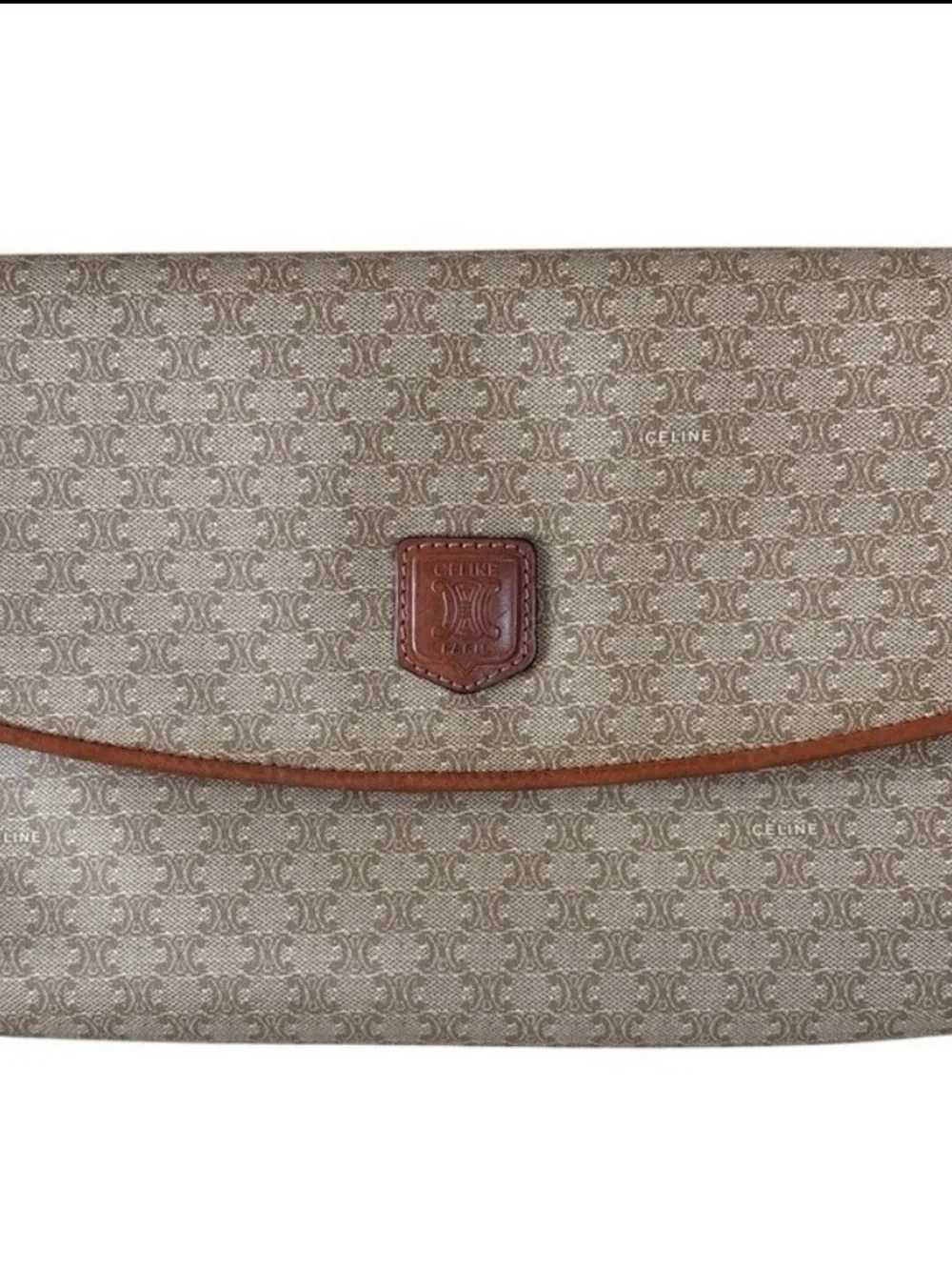 Celine Beige Macadam Cavas Fold over Clutch with Brown Trim Vintage
